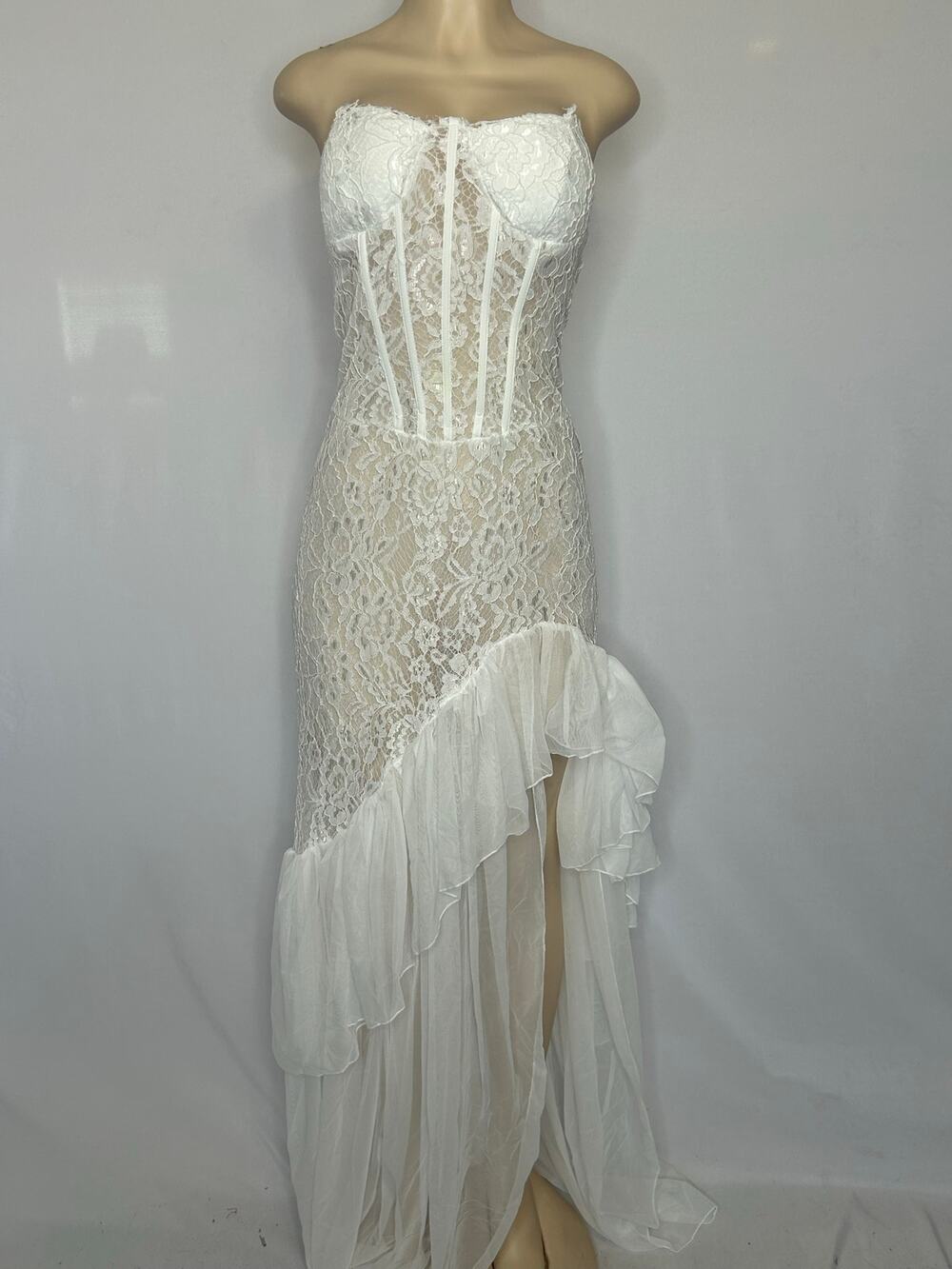 White Sheer Lace Strapless Corset High Low Maxi Dress Train XXL New